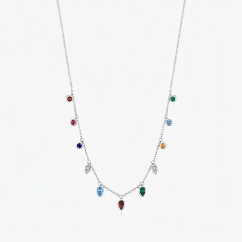 925 Sterling Silver Colorful Zirconia Necklace For Women Sweet Forest Style Geometric Drop Round Pendant Choker Jewelry