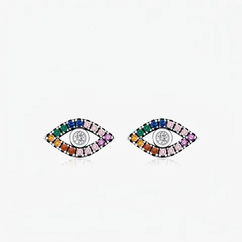 925 Sterling Silver Multi-color Gradient Evil Eye Stud Earrings Vintage Zirconia Inlaid Exotic Jewelry For Women Gift