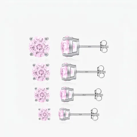 925 Sterling Silver Pink Zirconia Stud Earrings For Women Elegant Round Fireworks Cut Gentle Sparkly Jewelry Minimalist Earrings