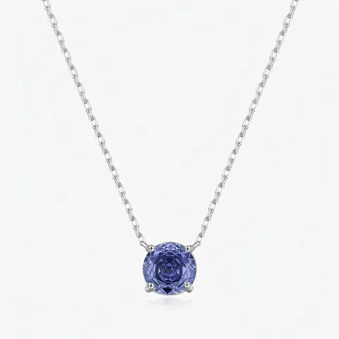 925 Sterling Silver Tanzanite Color Rose Cut Zirconia Pendant Necklace For Women Korean Ins Style Round Geometric Chain Jewelry