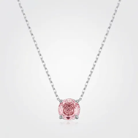 925 Sterling Silver Rose Cut Pink Zirconia Pendant Necklace For Women Elegant Round Gemstone Clavicle Chain Jewelry Gift