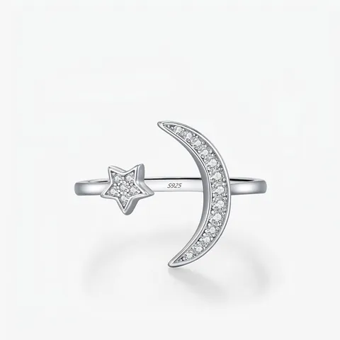 S925 Sterlingsilber Stern Mond Offener Ring Für Damen Verstellbar Mit Zirkonia Inlay Luxus Mode Schmuck Geschenk