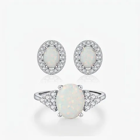 S925 Sterlingsilber Oval Künstlicher Opal Schmuckset Für Damen Elegant Zirkonia Eingelegt Fingerring Und Ohrstecker Chic Mode Schmuck Geschenk