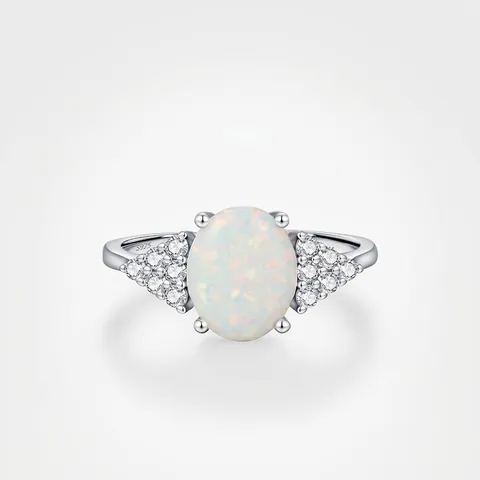 S925 Argento Sterling Anello Opale Sintetico per Donna Elegante Chic Stile Ovale Intarsiato Zirconia Gioielli Moda Anello