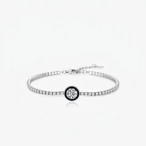 Pulsera de Tenis de Plata de Ley S925 para Mujer con Amuleto Redondo de Esmalte Negro y Circonia Joyería Elegante