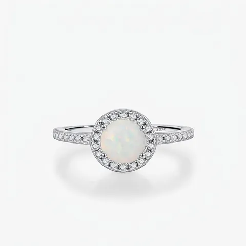 Anello in Argento Sterling 925 Con Opale Artificiale Rotondo e Zirconi Intarsiati Elegante Gioiello di Moda di Lusso Leggero