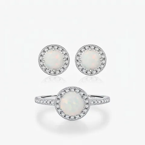 925 Sterlingsilber Künstlicher Opal Schmuckset Rund Halo Strass Ring Ohrstecker Set Für Damen Französischer Luxus Geschenk