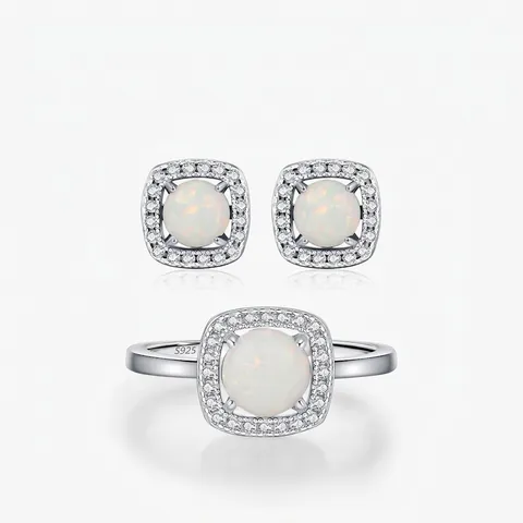 925 Sterlingsilber Künstlicher Opal Schmuckset Zirkonia Quadratischer Halo Ohrstecker Und Ring Für Damen Elegantes Schmuck