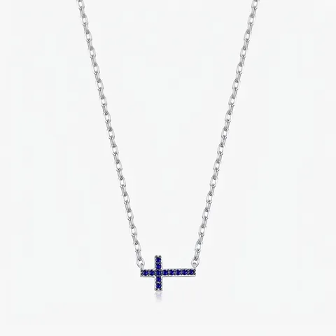 Collana a Croce in Argento Sterling 925 Vintage per Donna Intarsiata con Zirconia Blu Catena a Clavicola di Lusso Gioielli Religiosi Regalo