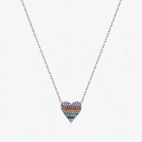 925 Sterling Silver Rainbow Heart Pendant Necklace For Women Sweet Pixel Style Heart Shaped Inlaid Zirconia Clavicle Chain Jewelry Gift