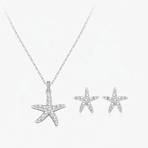 Ensemble de Bijoux Étoile de Mer en Argent Sterling 925 pour Femmes Élégant Collier Pendentif Perle Artificielle Zirconia Boucles d'Oreilles Clous