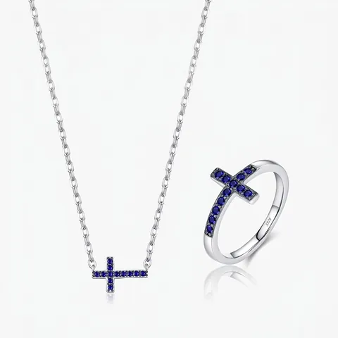 S925 Sterling Zilver Kruis Sieraden Blauwe Zirconia Ingelegde Vintage Ketting En Ring Voor Vrouwen Elegante Dagelijkse Accessoires
