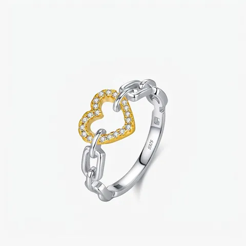 Anillo de Cadena de Plata de Ley 925 con Forma de Corazón para Mujer Chapado en Oro con Incrustación de Circonia Joyería