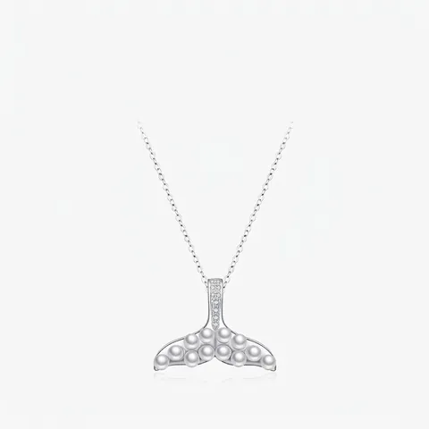 Collar de Plata de Ley 925 con Cola de Sirena para Mujer Elegante Colgante de Cola de Ballena con Perla Artificial y Strass