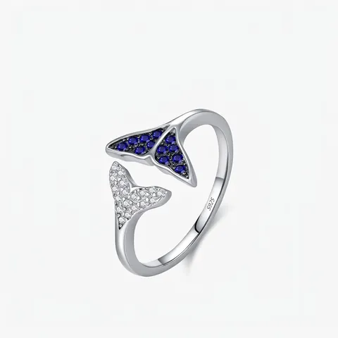 S925 Sterlingsilber Meerjungfrauenflosse Offener Ring Für Frauen Cool-Stil Eingelegtes Blau Weißes Zirkonia Schmuck Geschenk