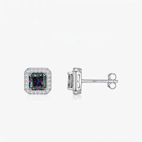 Σκουλαρίκια Καρφωτά Halo Rainbow Square από Ασήμι 925 για Γυναίκες Πολύχρωμα Στρας Κομψά Κοσμήματα Μόδας Δώρο