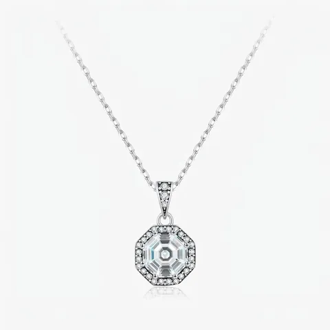 Vintage 925 Sterlingsilber Achteck Zirkonia Anhänger Halskette Für Damen Halo Smaragdschliff Klarer Stein Schlüsselbeinkette Schmuck