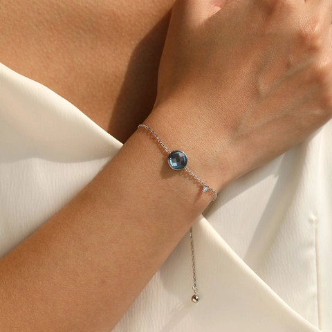 Bracciale in Argento Sterling 925 Zirconia Blu Chiaro per Donna Minimalista Geometrico Tondo Intarsiato Pietra Preziosa Regolabile Gioielli di Moda Regalo