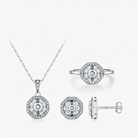 S925 Sterlingsilber Achteck Schmuckset Für Damen Vintage Halo Zirkonia Anhänger Halskette Ohrstecker Ring
