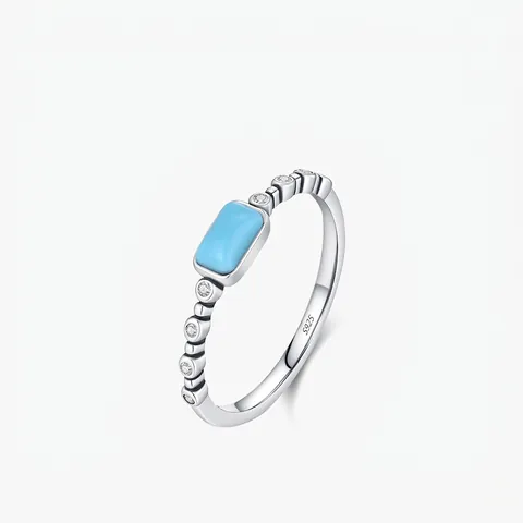 S925 Sterling Silver Rectangular Simulated Turquoise Ring For Women Minimalist Stackable Zirconia Geometric Finger Ring Jewelry