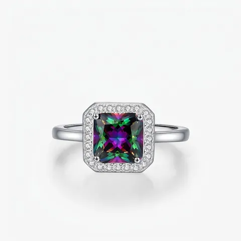 Bague en Argent Sterling 925 Avec Pierre Carrée Arc-en-ciel pour Femme Élégante Halo Strass Bijoux de Mode de Luxe