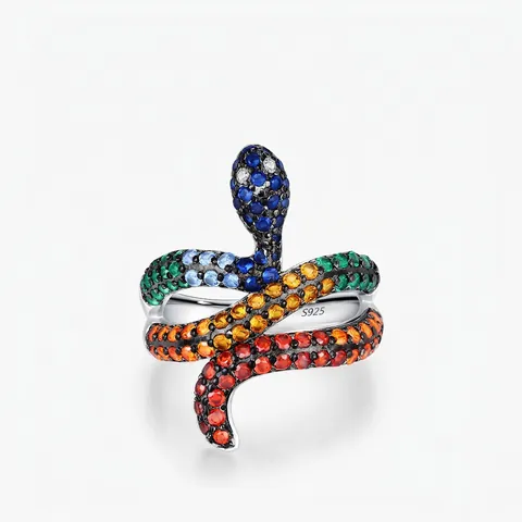 925 Sterling Silver Snake Ring For Women Gradient Multicolor Zirconia Inlaid Wrap Finger Ring Personalized Jewelry Gift