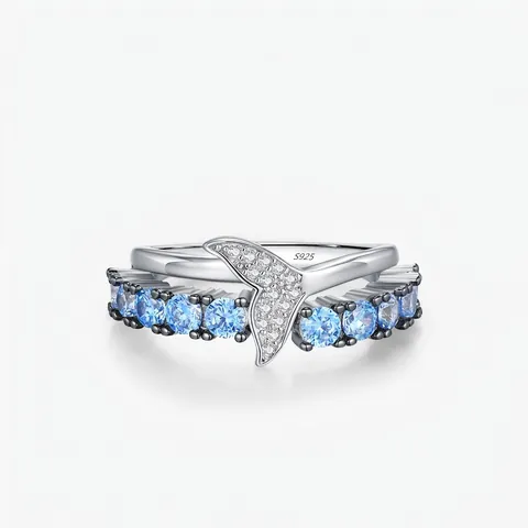 Bague en Argent Sterling 925 Queue de Sirène pour Femme Strass Bleu Design de Vague Couleur Contrastée Bijoux Cadeau