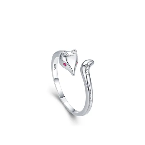 925 Sterling Silver Cute Fox Open Ring For Women Red Zirconia Eyes Adjustable Animal Design Minimalist Fashion Jewelry Finger Ring