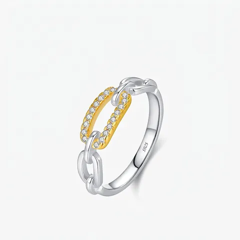 Luxus 925 Sterlingsilber Kettenglied Ring Für Damen Vergoldet Zweifarbig Zirkonia Eingelegt Stapelbar Mode Fingerring Geschenk