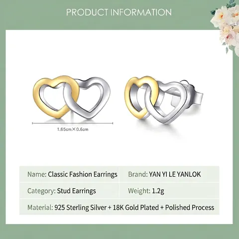 S925 Sterling Zilver In elkaar grijpend Hart Oorknopjes Goud Zilver Tweekleurig 18K Verguld Zoete Romantische Sieraden Dames