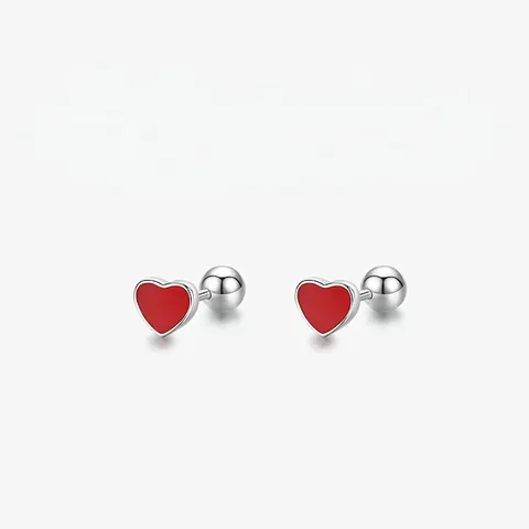 Orecchini a Bottone a Cuore in Smalto Rosso in Argento Sterling 925 per Donna Piccoli Delicati Minimalisti con Chiusura a Vite Regalo Gioielli di Moda