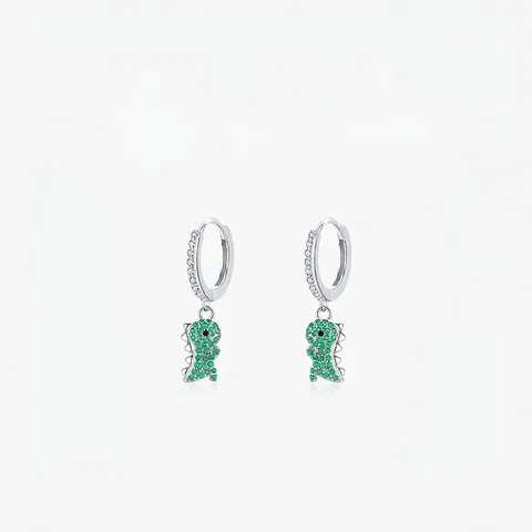 Orecchini a Cerchio con Dinosauro in Argento Sterling 925 per Donna con Zirconia Verde Intarsiata Stile Animale Gioielli
