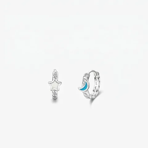 925 Sterling Silver Asymmetric Star And Moon Huggie Earrings For Women Dainty Enamel Drip Glue Chain Texture Jewelry Gift