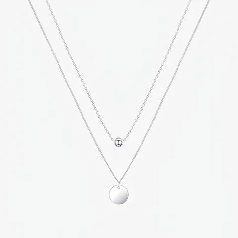 Minimalistische 925 Sterlingsilber Doppelschicht Halskette Für Damen Polierte Rundperle Kreisplatte Anhänger Schlüsselbein Kette Schmuck