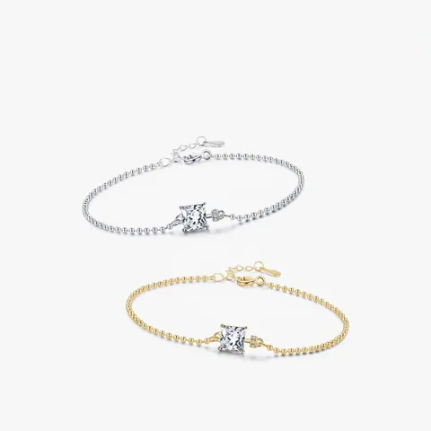 Bracciale in Argento Sterling 925 con Zircone Quadrato per Donna Catena a Sfere Regolabile Dorata Argentata Gioiello Regalo