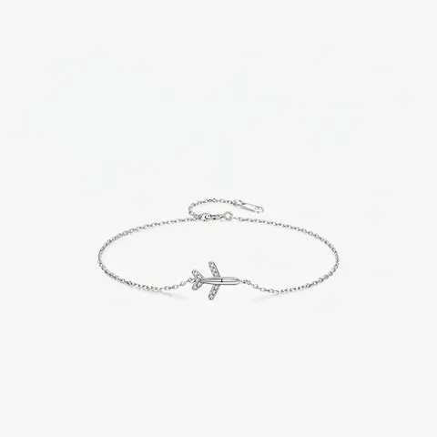 Pulsera con Colgante de Avión de Plata de Ley 925 para Mujer Fina Ajustable con Circonitas Micro Pavé Cadena de Eslabones Joyería de Moda Regalo