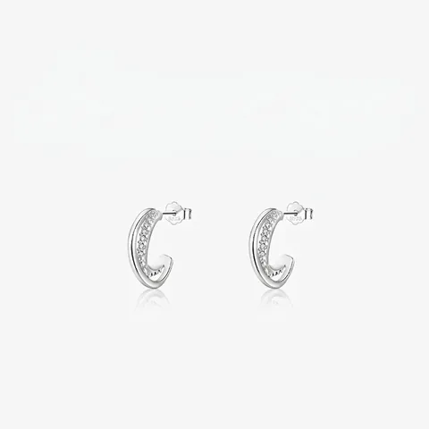 Boucles d'Oreilles Clous Géométriques en Argent Sterling 925 Micro Pavé Strass Minimalistes en Forme de C Bijoux Délicats Femme