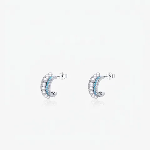 Orecchini a Bottone in Argento Sterling 925 a Forma di C con Perla Artificiale Turchese e Strass Gioielli Eleganti Donna