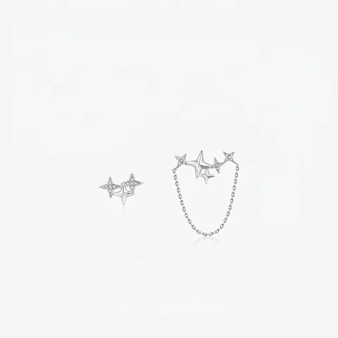 925 Sterling Silver Asymmetric Star Stud Earrings For Women Rhinestone Inlaid Star Tassel Chain Ear Line Fashion Jewelry