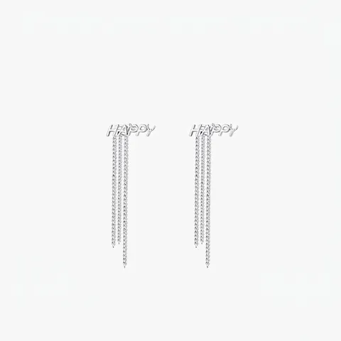 925 Sterling Silver Happy Letter Long Tassel Earrings For Women Elegant Minimalist Polished Linear Dangle Drop Jewelry
