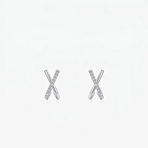 Orecchini a Bottone Incrociati a Forma di X in Argento Sterling 925 Per Donna Piccoli Zirconia Intarsiato Gioielli Moderni