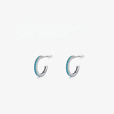 925 Sterling Silver Turquoise Stud Earrings For Women Korean Fashion C-Shaped Micro Inlaid Geometric Small Ear Jewelry