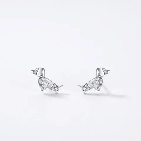 Origami Dachshund Dog Stud Earrings 925 Sterling Silver Inlaid Zirconia Animal Puppy Fine Jewelry Gift For Women Girl
