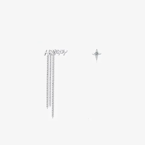 Asymmetric 925 Sterling Silver Happy Letter Tassel Earrings For Women Elegant Star Zirconia Inlaid Long Chain Drop Earrings Jewelry