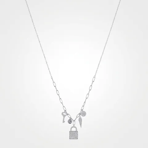 Collana Con Pendente Multiuso in Argento Sterling S925 per Donna Micro Pavé di Strass Chiave Lucchetto Girocollo Gioielli