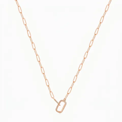 Collar de Colgante Rectángulo de Plata de Ley 925 Oro Rosa Con Circonia Cadena de Clip Minimalista Joyería Mujer
