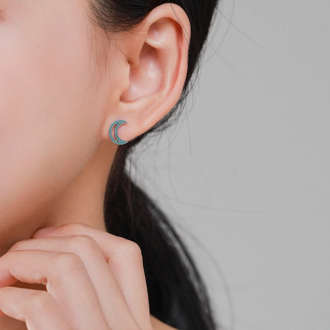 Boucles d'Oreilles Puces Croissant de Lune en Argent Sterling S925 Turquoise pour Femme Rétro Simple Bohème Bijoux Mode