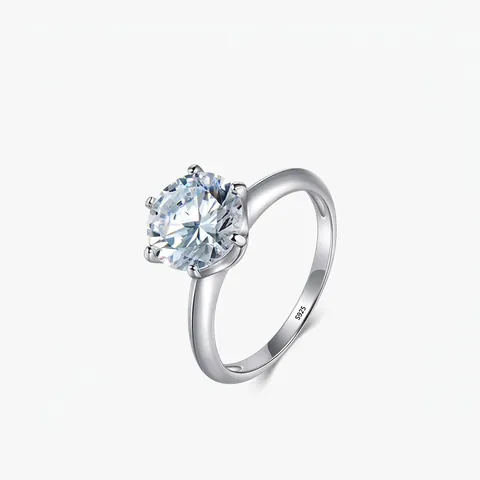 Elegant 925 Sterling Silver Classic Six-Prong Solitaire Ring With Sparkling Rhinestone Round Geometric Fashion Jewelry For Women Gift