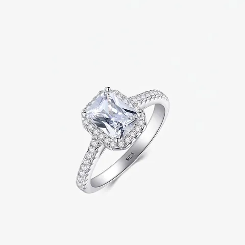 Luxurious 925 Sterling Silver Zirconia Ring For Women Emerald Cut Rectangle Halo Vintage Engagement Wedding Finger Ring