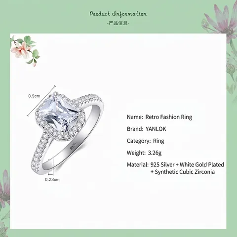 Luxurious 925 Sterling Silver Zirconia Ring For Women Emerald Cut Rectangle Halo Vintage Engagement Wedding Finger Ring